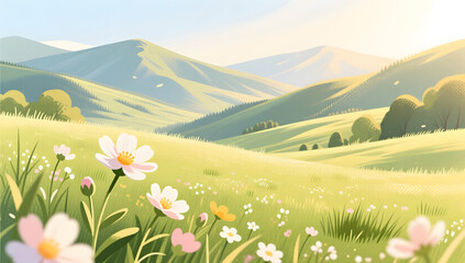Obraz premium Beautiful blooming valley meadow scenery on spring equinox day