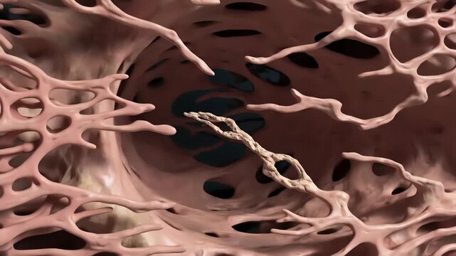 A close-up, three-dimensional rendering of the intricate network of trabecular bone, highlighting its porous, lattice-like internal structure and the interconnected struts.