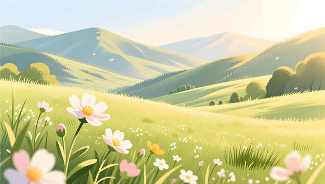 Beautiful blooming valley meadow scenery on spring equinox day