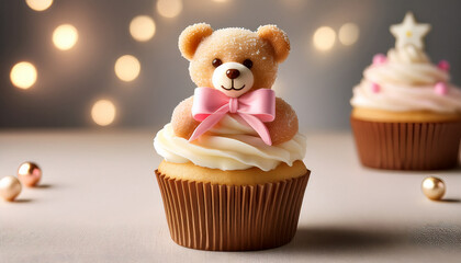 A Sweet Vanilla Cupcake Topped With An Adorable Edible Teddy Bear Wearing A Pink Bow Ai Generated