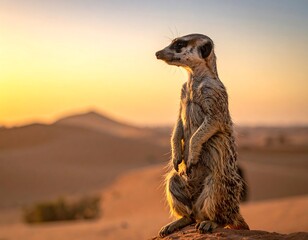 Meerkat standing on desert rock formation.