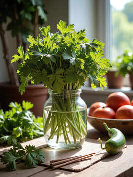 Fresh cilantro, casual arrangement, natural light, lifestyle composition,Casual styling reflects everyday culinary authenticity.