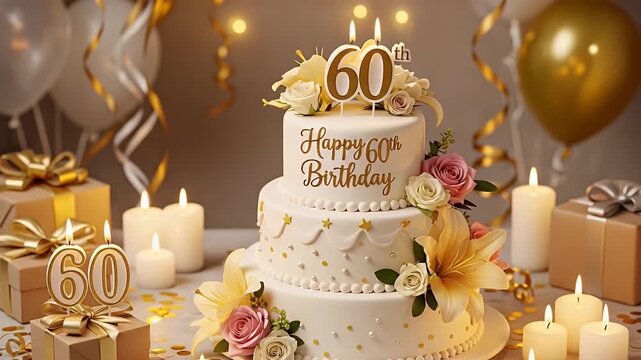 60th Birthday Cake Party with Candles, Flowers, Gold Balloons and Gifts
