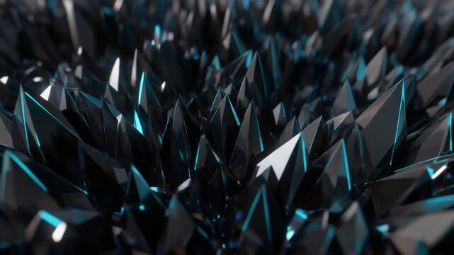 A close-up view of a cluster of dark, metallic, geometric shapes reflecting light intensely from their sharp, angular surfaces.