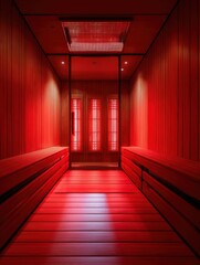 Empty luxury infrared sauna room with glowing red heat panels