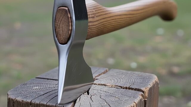 axe embedded in wooden stump outdoors close-up blade and handle
