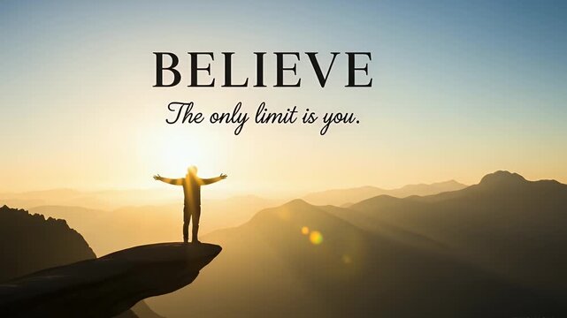 believe at sunrise: silhouette on cliff overlooking mountains for inspiration