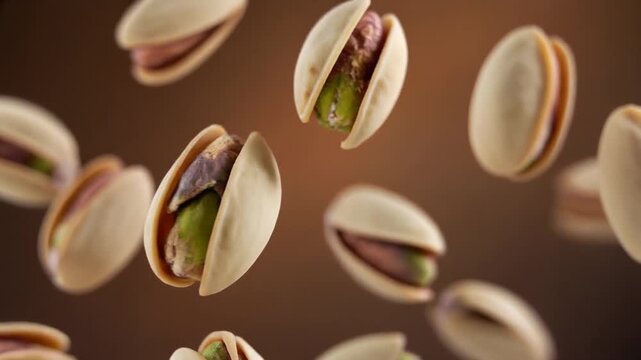 Pistachios floating in mid-air, some open revealing green nutmeat inside, on a warm brown background, captured from a close-up viewpoint