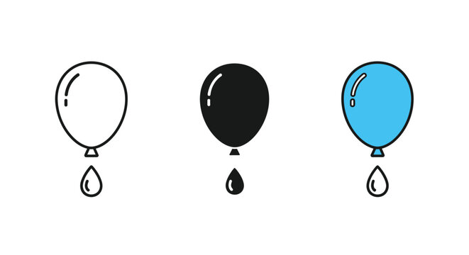 Set of three flat and line icons depicting a deflating balloon slowly leaking a single drop of water or liquid.