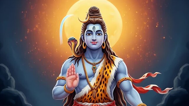 blue hindu deity blessing with moon halo tiger skin avatar