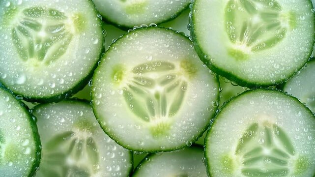 Sliced cucumbers arranged closely together on a refreshing background viewed from directly above with water droplets visible
