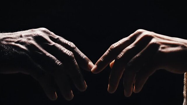Close up dramatic lighting highlights two contrasting hands almost touching fingertips creating a powerful visual metaphor for connection or separation in darkness.