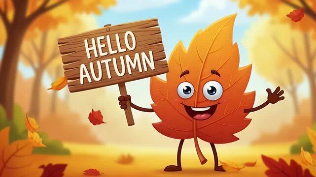 cartoon leaf character with hello autumn sign in sunny autumn forest