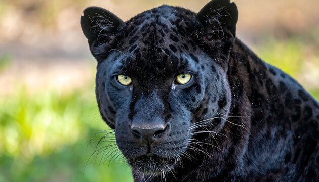 Close-up portrait of a majestic black panther with piercing yellow eyes in a natural setting.