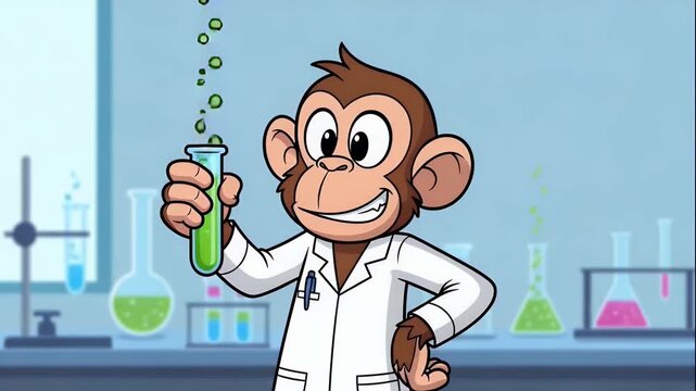 cartoon monkey scientist in a lab with bubbling test tubes - animated science scene