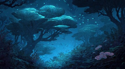 Fototapeta premium Mystical Blue Forest with Glowing Mushrooms and Bioluminescent Trees in Fantasy Landscape