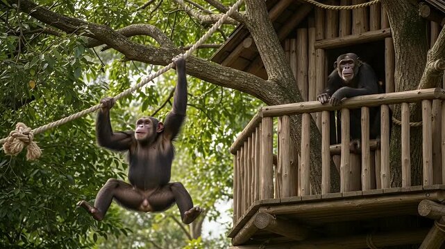 chimpanzees swinging in a jungle treehouse with playful primates
