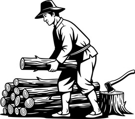 Monochrome illustration of a man gathering wood using traditiona
