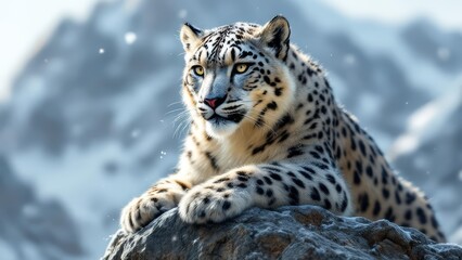 Obraz premium A majestic snow leopard resting on a rock in a snowy mountain landscape, with soft snowfall.