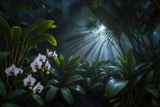 Mystical tropical greenhouse orchids moonlight rays through palm leaves lush foliage
