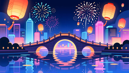 Obraz premium Traditional bridge with floating lanterns and city fireworks