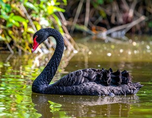 A stunning shot showcases a black swan gracefully gliding on tranquil water, surrounded by vibrant greenery and reflections