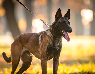 A stunning shot showcases a dog on a leash, set against a backdrop of sun-drenched trees. The animal is in the middleground, tongue out, alert