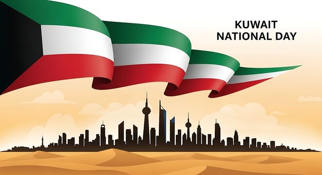 Kuwait National Day celebration with waving flag and city skyline