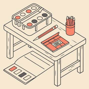 Artistic Setup With Watercolor Palette Pencils And Sketchbook On A Wooden Table Minimalist Design With Coral Accents Neutral Background