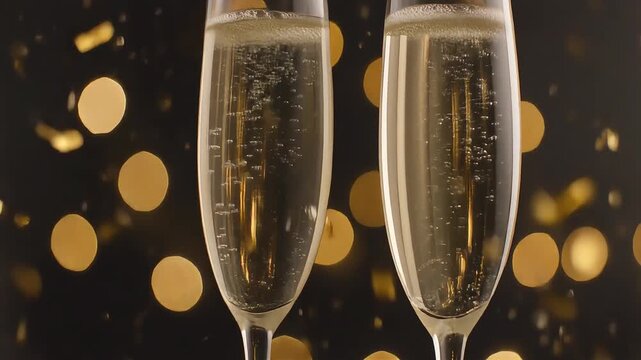 Two champagne flutes with bubbly drinks in a celebratory setting with golden lights