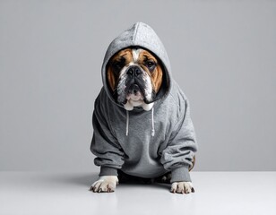 A stout bulldog sits upright, wearing a gray hoodie against a neutral background. The dog stares forward with a slightly serious expression