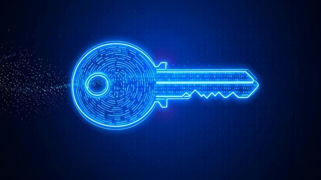Glowing Neon Key Animation Digital Security Concept.