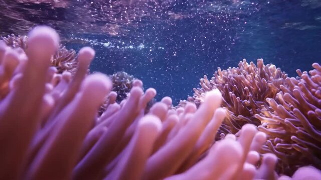 Close-up view of vibrant purple anemone tentacles swaying gently underwater in an ocean reef habitat