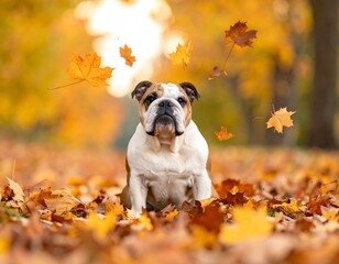 A stout, white and brown dog sits amidst a blanket of fallen autumn leaves, with a few airborne