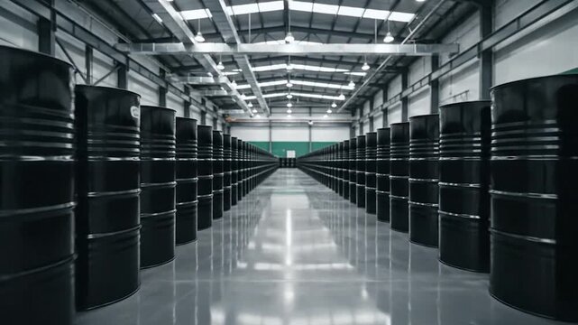 Industrial warehouse interior with rows of black barrels on reflective floor