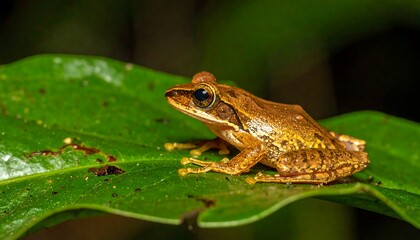 Fototapeta premium A small, brown frog sits on a large, green leaf in its natural habitat, possibly the rainforest