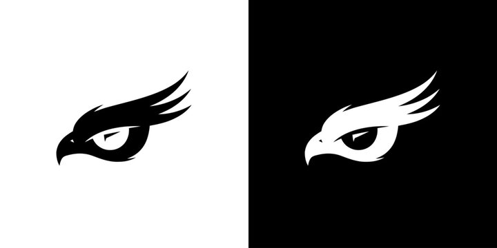 Black and white eagle head logos on split background