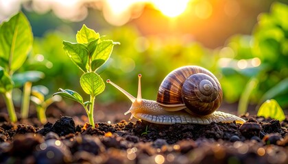 A snail traverses a moist garden bed with fresh, green plant life in soft focus against a warm, sunlit background