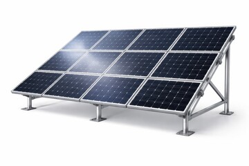 Solar panel array on minimalist aluminum ground rack with adjustable tilt clean engineering product concept studio photo isolated on white background