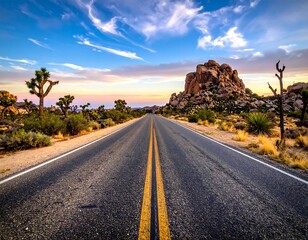A straight asphalt road leads into the distance. Joshua trees and rocky formations frame the route under a colorful dusk sky