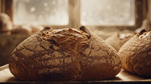 Golden crust artisan sourdough loaves cooling on a rustic bakery rack with soft window light illuminating the delicious fresh bread.