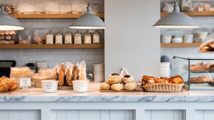 Freshly Baked Pastries and Bread Displayed in Modern Bakery Interior with Elegant Lighting and Clean Design