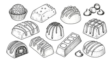 Hand-drawn sketch illustration of a variety of gourmet chocolates and candies, including truffles, pralines, and chocolate bars, in black and white.