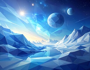 A stunning, vibrant, geometric landscape features glacial mountains, a frozen lake, and celestial bodies in a bright, star-filled sky
