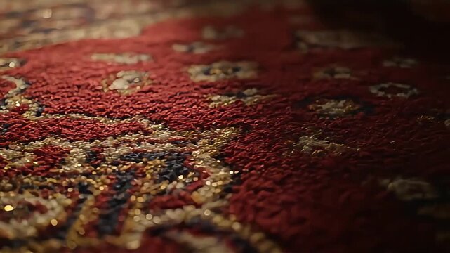A close-up view of a red carpet with intricate gold patterns and textures, videography perspective.
