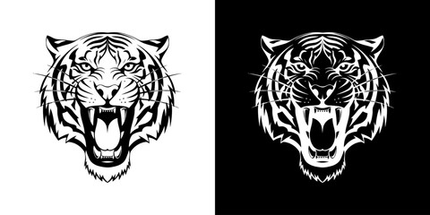 Obraz premium Black and white tiger head illustrations on white and black backgrounds.