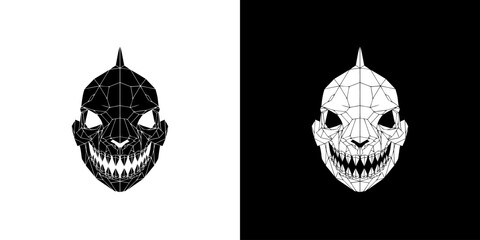 Fototapeta premium Two spider web-covered masks with sharp teeth on white and black backgrounds