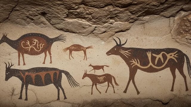 prehistoric cave art animal silhouettes horses deer bulls on stone wall