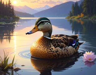 A stunning view of a duck floating gracefully on a tranquil lake with reflections of the scenic mountains at sunset