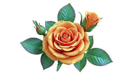 Orange Rose and Buds with Green Leaves